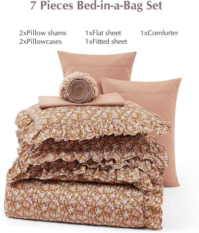 Queen Comforter Set - 7 Pieces Ruffle Brown Bedding Sets, Shabby Chic Farmhouse Bed in a Bag with Ruffle Comforter, Sheets, Pillowcases & Shams