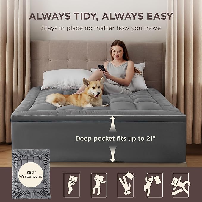 Bedsure Full Size Mattress Topper - Pillow Top Mattress Pad Cover with Deep Pocket Fits up to 21 Inches, Plush Soft Bed Topper for Back Pain Relief, Overfilled with Down Alternative Filling, Grey