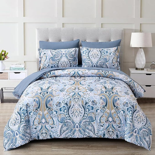 Drucon Blue Paisley Comforter Set King, 7 Pieces Bed in a Bag Boho Comforter Soft Microfiber Blue Paisley Bedding(1 Comforter, 1 Flat Sheet, 1 Fitted Sheet, 2 Pillow Shams, 2 Pillowcases)