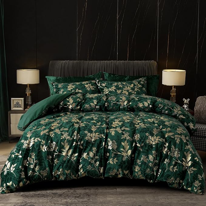PHF Truly Velvet Duvet Cover Set Queen Size, 3pcs Leaves Print Ultra Soft Breathable Comforter Cover Set, Luxury Cozy Flannel Duvet Cover with Pillow Shams Bedding Collection, 90" x 90",Green and Gold