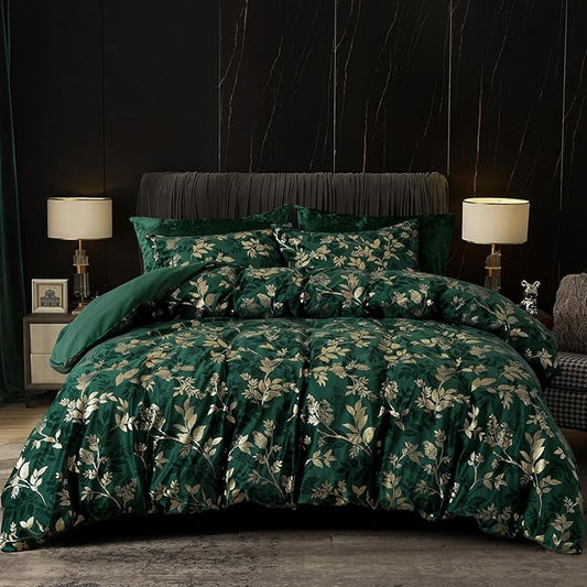 PHF Truly Velvet Duvet Cover Set Queen Size, 3pcs Leaves Print Ultra Soft Breathable Comforter Cover Set, Luxury Cozy Flannel Duvet Cover with Pillow Shams Bedding Collection, 90" x 90",Green and Gold