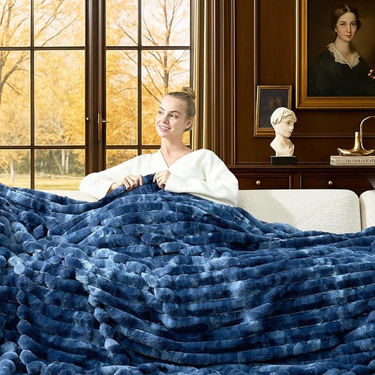 Cozy Bliss Faux Fur Throw Blanket for Couch, Cozy Warm Plush Striped Blanket for Sofa Bedroom Living Room, 90 * 90 Inches Tie-dye Blue
