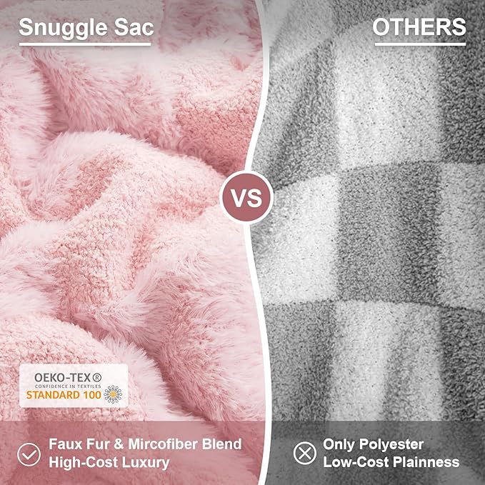 Snuggle Sac Checkered Throw Blanket,Fluffy Faux Fur Knitted with Soft Microfiber Warm Throw Blankets for Couch, Sofa, Chair, Bed, Camping, Picnic, Travel, Solid Pink, 50x60 inches