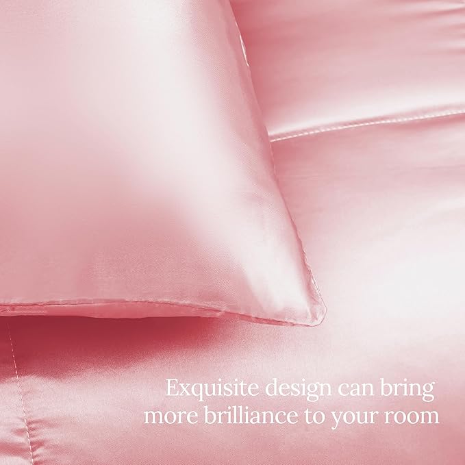 Whale Flotilla 3-Piece Reversible Silky Soft Queen Comforter Bedding Set, Luxurious Satin Comforters Full Size with 2 Satin Pillowcases, Lightweight Duvet for All Seasons, Pink