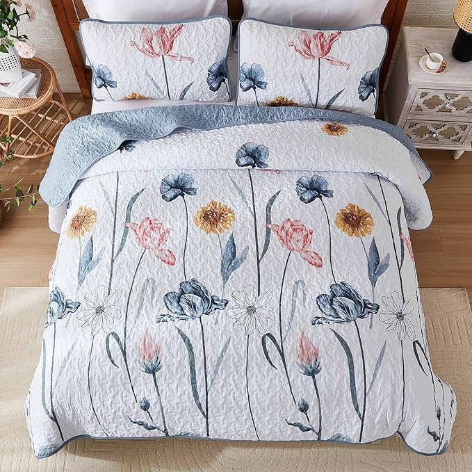 WONGS BEDDING Floral Quilt Set Queen,3 Pieces Blue & Pink Bedspread Coverlet Set Botanical Bedspreads Bed Cover Quilts，Soft Lightweight Farmhouse Flower Bedding Set for Spring Summer(96"x90")