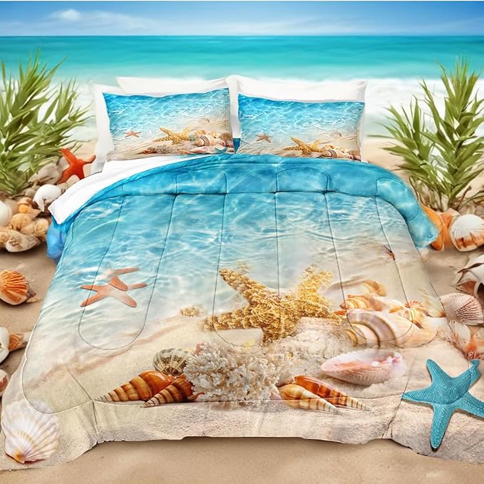 Bedbay Beach Theme Comforter Set Queen Size Coastal Bedding Comforter Set Marine Life Turquoise Ocean Starfish Comforter Queen Bedding Quilt Set Soft Microfiber 3 Pcs(Aqua,Queen)