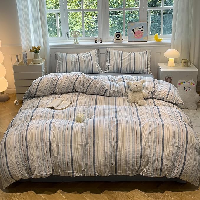 mixinni Vintage Blue and White Striped Duvet Cover Set Twin XL - 100% Washed Cotton 3 Piece Bedding Set with Geometric Pattern, Soft Breathable Comforter Cover with Zipper Closure & Corner Ties