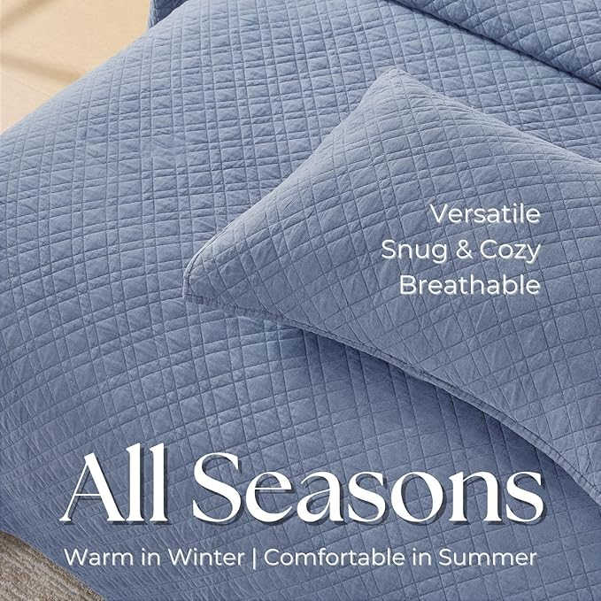 DOWN HOME Queen Quilt Set with Shams Lightweight Quilted Bedspread Coverlet Thin Comforter Bed Cover Vintage Washed Quilted Blanket for All Season, Brushed Microfiber Diamond Stitching, Blue, 88"x92"