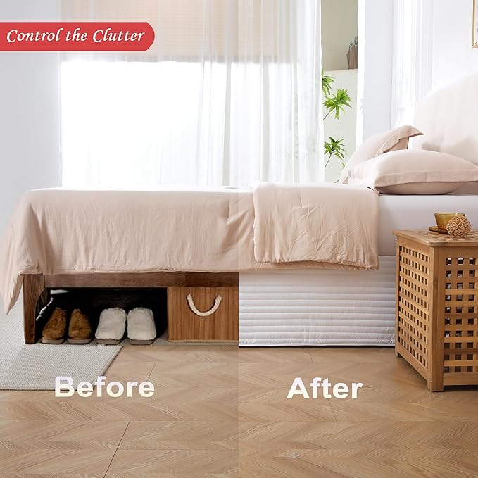 Full Size White Bed Skirt with 14-Inch Drop, Easy Fit Wrap-Around Cover for Bed, Wrinkle-Free and Fade-Resistant Box Spring Cover. (White Stripes, Full)