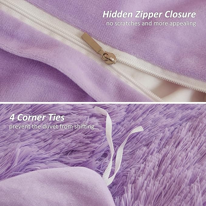EMME Luxury Purple Fuzzy Duvet Cover Set King Size 3 Pieces Fluffy Comforter Cover Set for King Bed Shaggy and Plush Soft Bedding Duvet Covers (Purple, King)