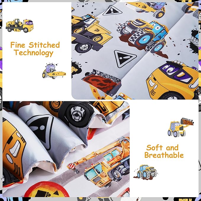 Mooreeke Kids Twin Comforter Sets for Boys 6 Pieces Heavy Duty Vehicle Bedding Set for Teens Microfiber Engineering Truck Kids Bed in A Bag with Comforter, Sheet Set, Shams and Decorative Toy Pillow