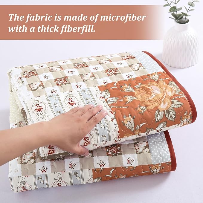 Patchwork Quilts Set King Size 3 Pieces Terracotta Plaid Bedspread Coverlet Set, Bohemian Farmhouse Brown Patchwork Quilt Bedding Set for All Season, Reversible Lightweight Bed Cover for All Season