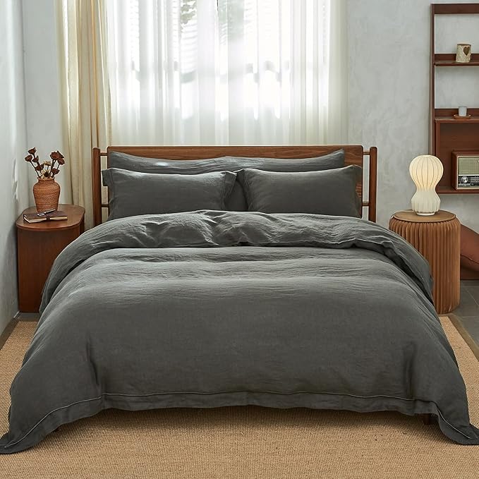 Simple&Opulence 100% Washed Linen Duvet Cover with Embroidered, 3 Pieces Soft Farmhouse Comforter Set with Button Closure,1 Duvet Cover and 2 Pillowshams(Full,Charcoal Grey)