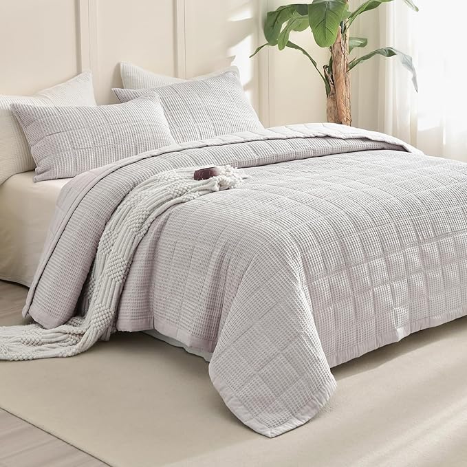Sanracie Oversized King Quilt (120"x120"), Cotton Oatmeal Colored Waffle Quilt Bedding Set Extra Wide Large Luxury Aesthetic Bedspreads Soft Breathable Bedding Coverlet Sets 3 PCS