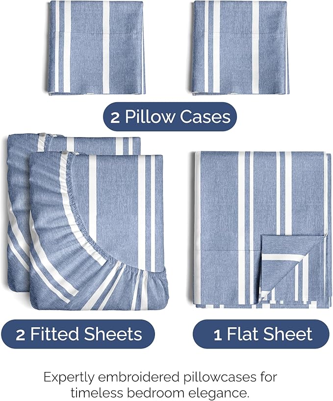 Split King Size 5 Piece Sheet Set - Comfy Breathable & Cooling Bed Sheets Set - Hotel Luxury Bedding for Women, Men, Kids, Teens, Boys & Girls - Deep Pockets & Wrinkle Free - Oeko-Tex - Blue Stripes 3