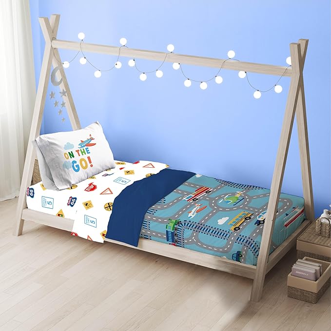 Sunny Side Up On The Go Toddler Comforter Set - 4 Piece Preschool Bedding Includes Comforter, Sheets & Pillow Cover - Super Soft Vehicles Microfiber Bed Set