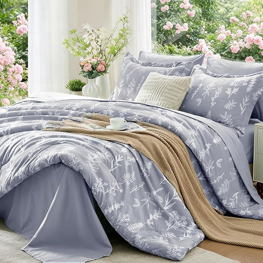 MUXHOMO Light Grey Full Comforter Set, Elegant Floral Print Bed in a Bag 7 Pieces, Ultra Soft & Breathable Reversible Botanical Pattern Bedding Set with Comforter, Sheets, Pillowcases, and Shams