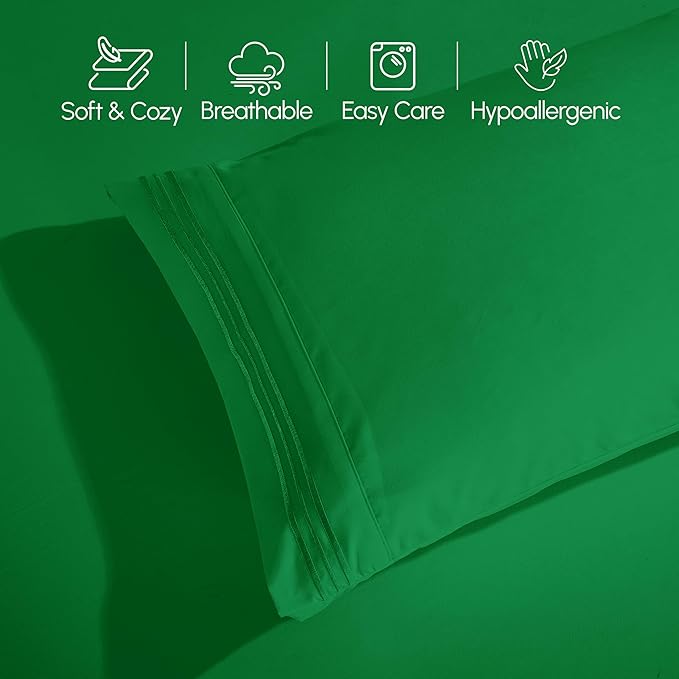 Elegant Comfort Luxurious 1500 Premium Hotel Quality Microfiber Three Line Embroidered Softest 4-Piece Bed Sheet Set, Wrinkle and Fade Resistant, Queen, Emerald Green