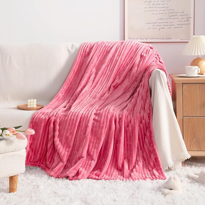 NTBAY Plush Flannel Oversized Baby Blanket, 50X60 Inches Soft and Warm Toddler Blanket with Striped Texture Nursery Bed Blanket for Stroller, Crib, Travel, Baby Gift, 50"x60", Coral Pink