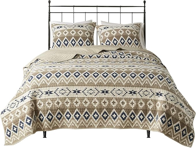 Woolrich Reversible Quilt Cabin Lifestyle Design - All Season, Breathable Coverlet Bedspread Bedding Set, Matching Shams, Oversized Full/Queen, Montana Tribal Tan 3 Piece