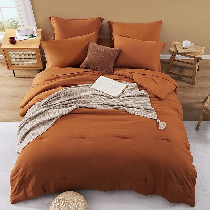 WRENSONGE Super King Plus Comforter Set- 7 Pieces Soft Burnt Orange Bed in a Bag with Fitted Sheet, Flat Sheet, 2 Shams, and 2 Pillowcases-Warm Bed Sets Fall Comforter for All Seasons
