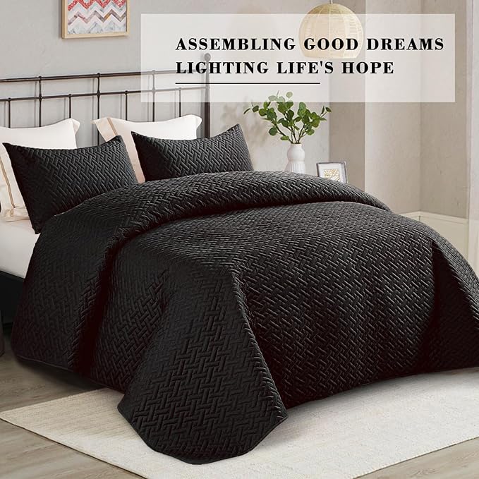 Exclusivo Mezcla Full Queen Size Quilt Bedspreads with Basket Weave Pattern, Soft Lightweight Summer Quilts Bedding Set Coverlets Bed Cover for All Seasons, Black