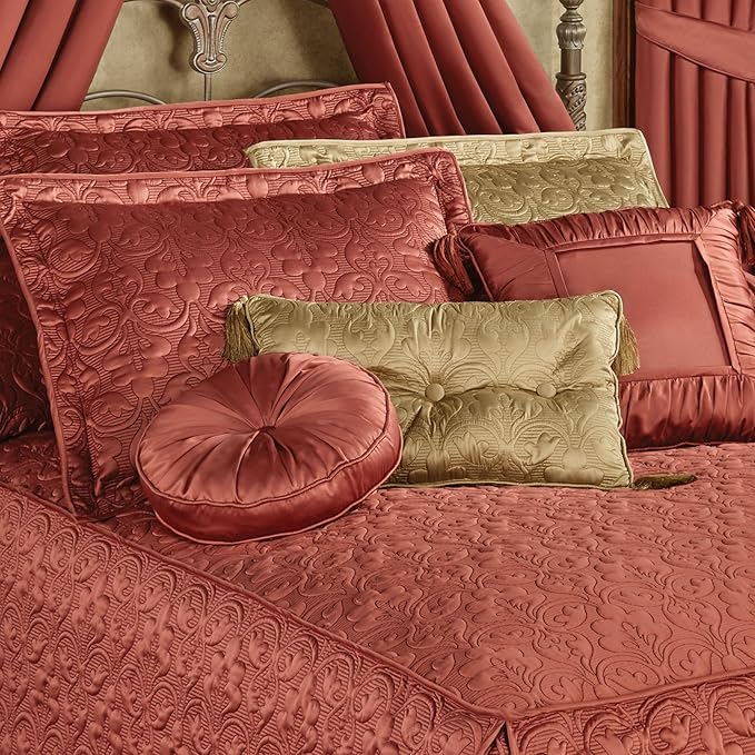 Cambridge Classic Luxury Bedding | Warm Cinnabar Solid Color Polyester Satin | Elaborate Damask Quilting | 6 Pc Bed Set Includes Oversized Queen Bedspread, 2 Standard Shams, and 3 Decorative Pillows