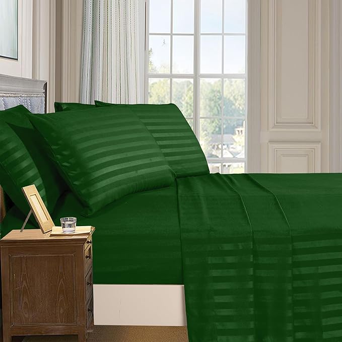 Elegant Comfort Softest and Coziest 6-Piece Sheet Set - 1500 Premium Hotel Quality Microfiber - Deep Pocket, Wrinkle Resistant 6-Piece Damask Stripe Bed Sheet Set, Queen, Hunter Green