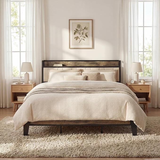 LIKIMIO California King Bed Frame, Storage Headboard with Charging Station, Solid and Stable, Noise Free, No Box Spring Needed, Easy Assembly (Walnut and Beige)