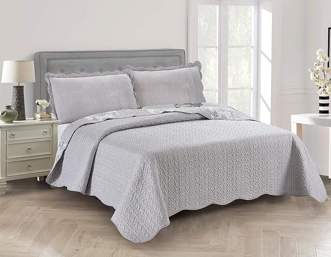 Brilliant Sunshine Grey Toile Floral Patchwork, 3-Piece Quilt Set with 2 Shams, Reversible Bedspread, Soft Lightweight Coverlet, All-Season, King, Grey