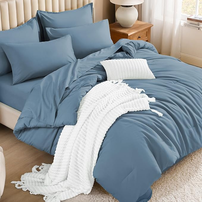 Litanika Comforter Queen Size Set Grayish Blue - 7 Pieces Bed in a Bag Queen Bedding Comforter Sets, Plain Lightweight Bed Set with Comforter, Sheets, Pillowcases & Shams