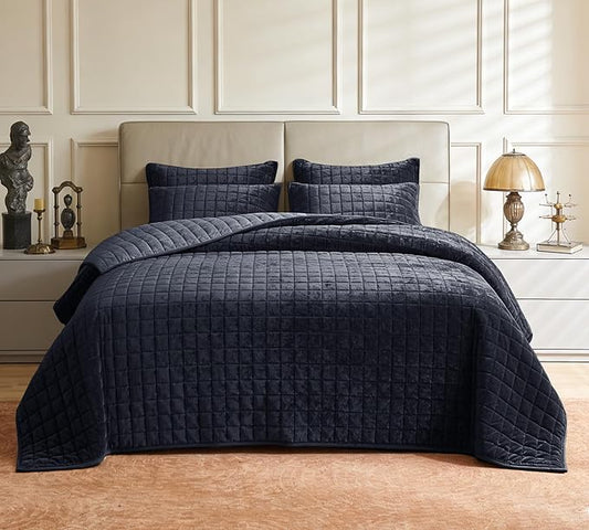 Luxurious Velvet Quilt California King Size Set 106" x118" Ultra Soft Bedding Set Quilted Bedspread Coverlet with 2 Matching Pillow Shams for All Seasons,Blue Gray
