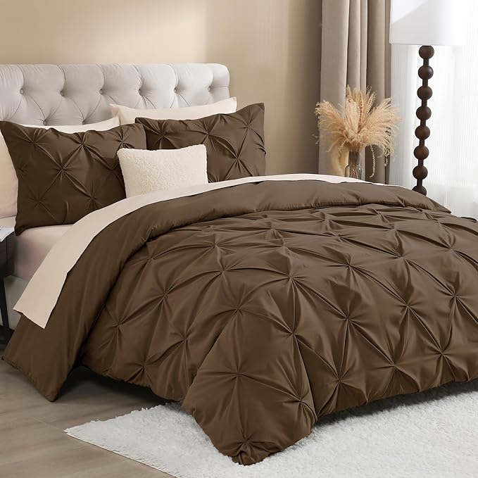 Litanika Brown Oversized King Pinch Pleat Duvet Cover, 3 Pieces Pintuck Cover Soft Microfiber Bedding Set with Zipper Closure & Corner Ties(1 Duvet Cover, 2 Pillowcases)