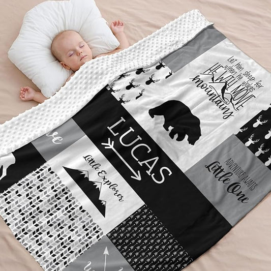 Customzed Baby Blanket for Boys Super Soft Double Layer with Dotted Backing, Receiving Blanket with Cute Woodland Multicolor Printed Blanket Black 40 x 50 Inch