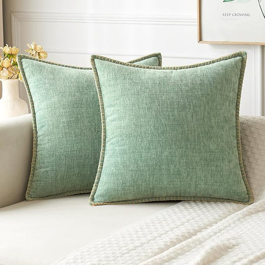 MIULEE Pack of 2 Couch Throw Pillow Covers 18x18 Inch Greyish Green Farmhouse Decorative Pillow Covers with Stitched Edge Soft Chenille Solid Dyed Spring Pillow Covers for Sofa Bed Living Room