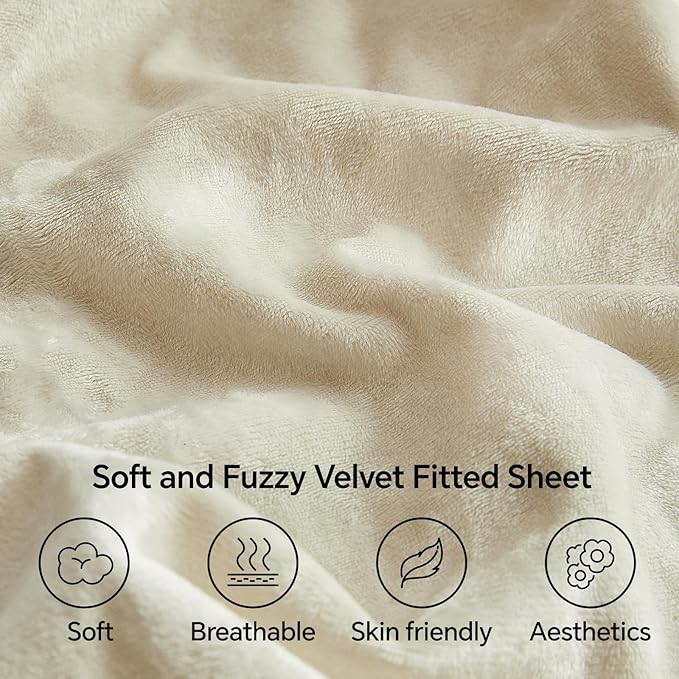 BEDELITE Velvet Fitted Sheet and Pillowcases Set, Luxury Soft Fuzzy Bottom Sheet with Reinforced Elastic Corner Straps, Deep Pocket up to 15 Inch, 1 Fitted Sheet and 2 Pillowcases (Queen, Cream)