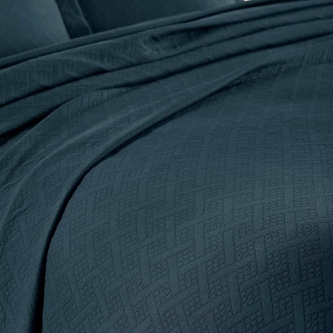 Superior 3 Piece Basketweave Cotton Bedspread Set, Home Bed Decor, Decorative Bed Spread, 2 Pillow Shams, Medium Weight Blanket, Matelasse Coverlet Bedding, Geometric Lattice Pattern, Queen, Deep Sea