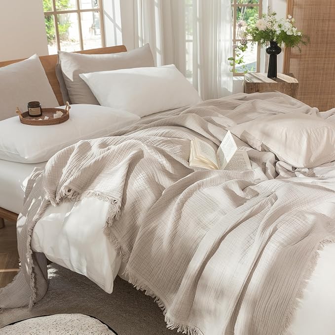 MooMee Muslin Blanket - 100% Cotton 4-Layer Gauze Throw Blanket with All-Around Fringe, Ultra-Soft Breathable Lightweight Cooling Decorative for Bed, Sofa & Couch (Cream Grey,King 104" x 90")
