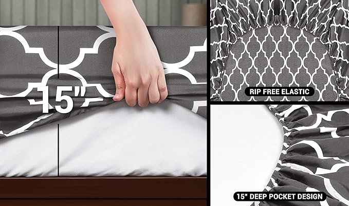 Utopia Bedding Queen Sheet Set, Soft Microfiber 4 Piece Bed Sheets with 15" Deep Pocket - Easy Care Brushed Microfiber (Quatrefoil - Grey)