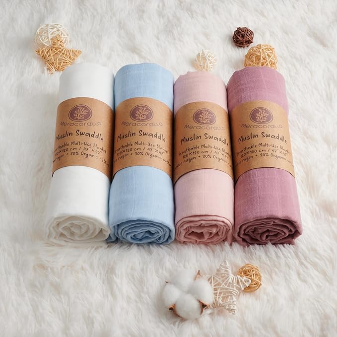 Meracorallo Muslin Swaddle Blanket Silky Soft Receiving Blanket Neutral Swaddle Wrap for Baby Boys and Girls, 47 x 47 inches, Set of 4 Solid Color (White+Blue+Pink+Purple)