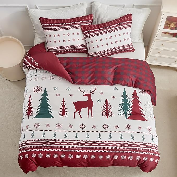 Lekesky Duvet Cover King Size,3 Pieces Reversible Red Plaid Reindeer Snowflake Winter Bedding Set with Zipper Closure and Corner Ties(1 Duvet Cover 104''×90'' inches + 2 Pillowcases)