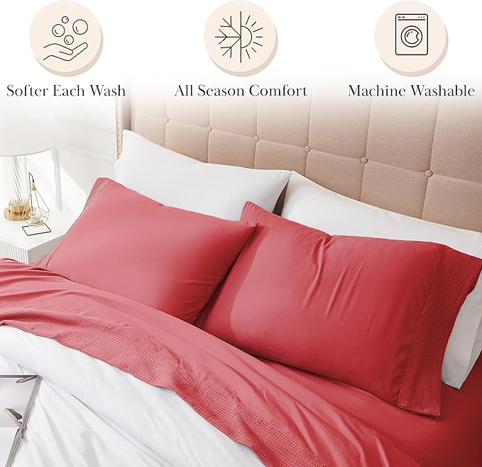 Southshore Fine Living, Inc. Pleated, 4-Piece King Size Sheets Set, 21-Inch Deep Pocket King Sheet Set, 1 Fitted Sheet, 1 Oversized Flat, 2 Red Pillow Cases, Chili Pepper Red Sheets