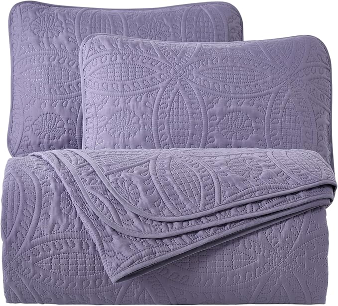 Chezmoi Collection Austin Queen Oversized Bedspread Set, 3-Piece Pinsonic Quilted Lightweight Microfiber Bedspread Coverlet, Dusty Purple