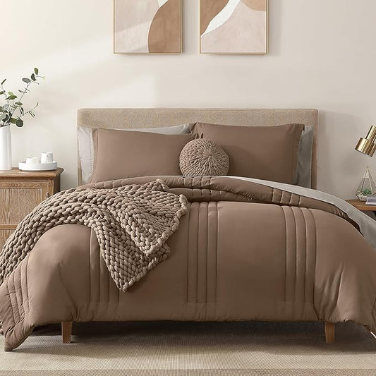 Monbix Full Comforter Set - 7 Pieces Umber Bed in a Bag Full Size Bedding Sets with Comforters, All Seasons Comforter with Sheets, Pillowcases & Shams