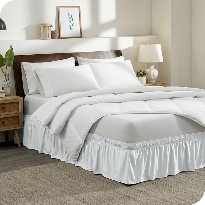 Bare Home Wrap Around Bed Skirt - for Twin Size Beds with 15 inch Tailored Drop - Easy Fit Elastic Strap - Adjustable and Ruffled Style - Wrinkle, Fade, and Stain Free (Twin, White)