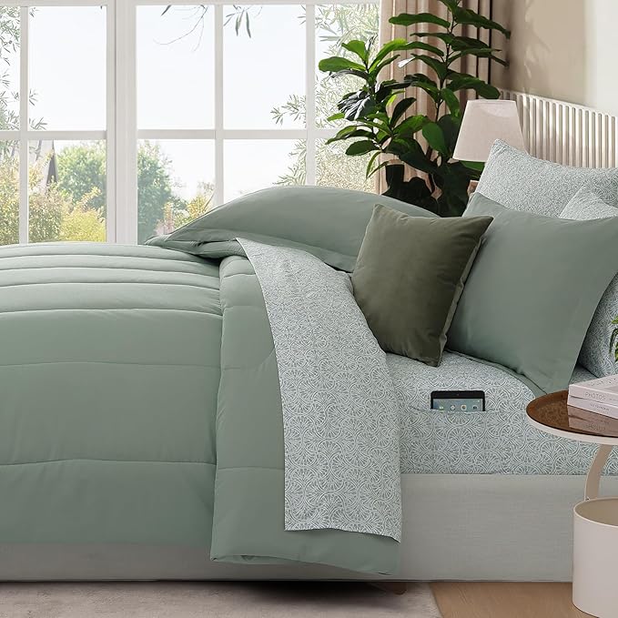 Monbix Full Comforter Set - 7 Pieces Sage Green Bed in a Bag Full Size Track Stitching Bedding Sets, All Seasons Comforter with Sheets,Pillowcases & Shams