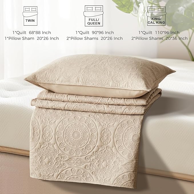 WURUIBO Beige Quilt Set Queen Size, Embossing Microfiber Full Bedspreads with Pillow Sham, Ligthweight Breathable Thin Coverlet, Reversible Bedding Set for All Season (1 Quilt, 2 Pillow Shams)