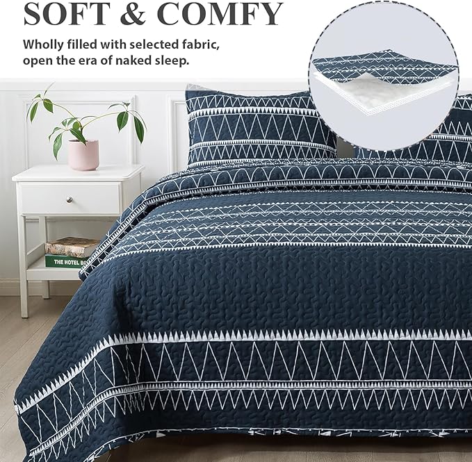 Andency Navy Oversized King Quilt Set, 3 Pieces Boho Lightweight Soft Striped Bedspread for All Season (120"x98"), Printed Bohemian Microfiber Reversible Coverlet Comforter Sets