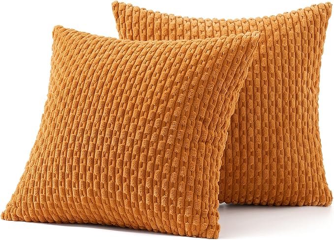MIULEE Burnt Orange Throw Pillow Covers Soft Corduroy Decorative Set of 2 Boho Striped Pillow Covers Pillowcases Farmhouse Home Decor for Thanksgiving Couch Bed Sofa Living Room 18x18 Inch