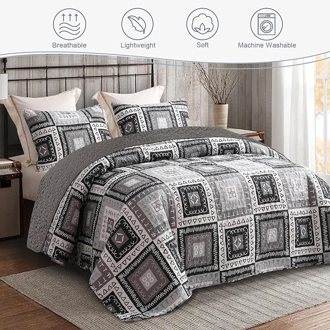 Exclusivo Mezcla Reversible Boho Quilts King Size, Black Bedspreads Lightweight Coverlet All Season Patchwork Quilt Bedding Set with Printed Floral Pattern (1 Quilt, 2 Pillow Shams)